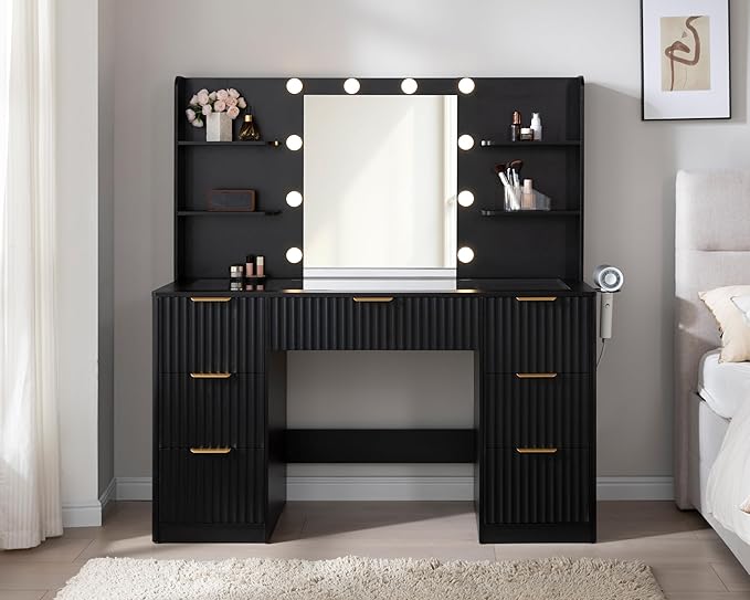 AMERLIFE 47.2" Fluted Vanity Desk with Mirror and Adjustable LED Lights, Large 7 Drawers Makeup Table with Glass Top and Charging Station for Women and Girls, Bedroom or Dorm, Black