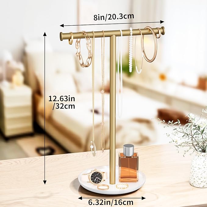 Gold Necklace Organizer Stand with Storage Tray - 12.6" Tall T-Shaped Jewelry Holder Stand for Bracelets, Earrings, Rings | Stylish Home & Vanity Décor for Women.
