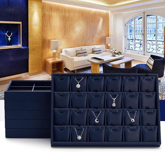 Oirlv Stackable 24 Gird Necklace Organizer Tray with Removable Jewelry Cards Necklace Pendant Jewelry Drawer Organizer