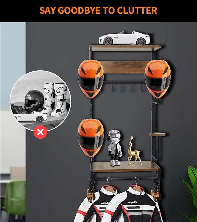 Motorcycle Helmet Rack Wall Mount, Retro Rust Helmet Holder with Wood Floating Shelf and Hooks for Storage