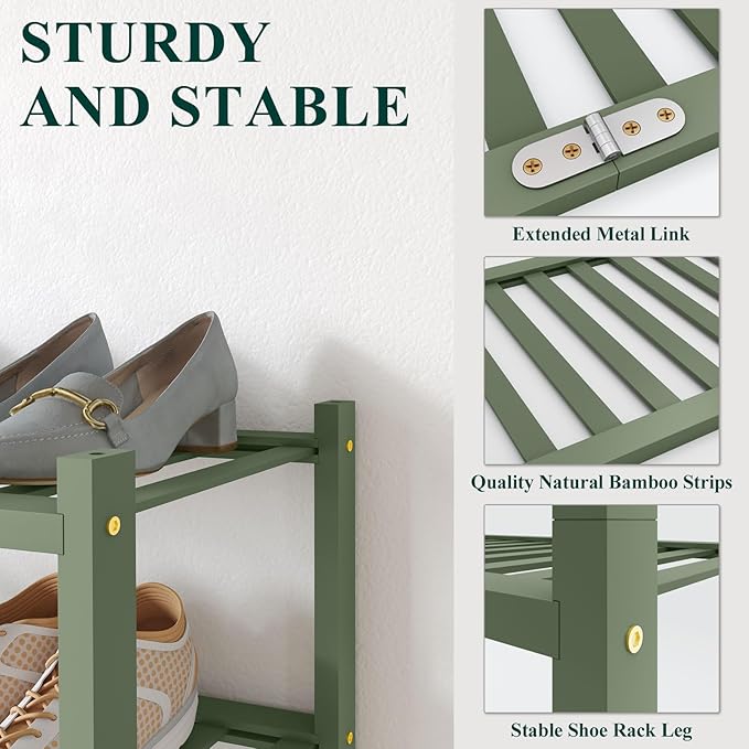Smiry Bamboo Shoe Rack for Closet, 2 Tier Wooden Stackable Shoe Organizer, Free Standing Shoes Storage Shelf for Entryway, Front Door Entrance, Green