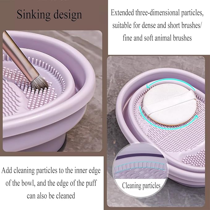 Makeup Brush Cleaner Mat,3 in 1 Upgraded Foldable Silicone Makeup Brush Cleaner Cosmetic Brush Cleaner Makeup Brush Scrubber Bowl for Cleaning, Organizer And Upside Down Drying(Foldable Purple)