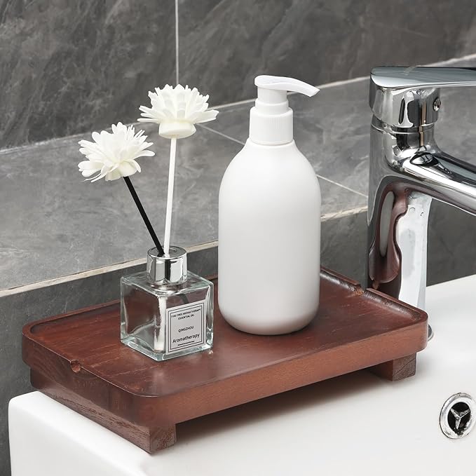 Wood Riser Small Decorative Tray Sink Soap Dish, Vanity Tray Pedestal Stand 9 x 5.9 inches (Dark Brown)