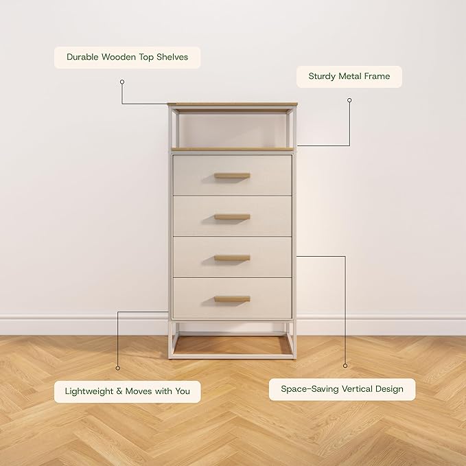 tinge Zana Premium Fabric Dresser - Strong Metal Frame, 4 Spacious Sag-Proof Drawers & Sturdy Wooden Top Shelf - Premium, Sleek & Durable Storage Solution for Your Home (Beige)