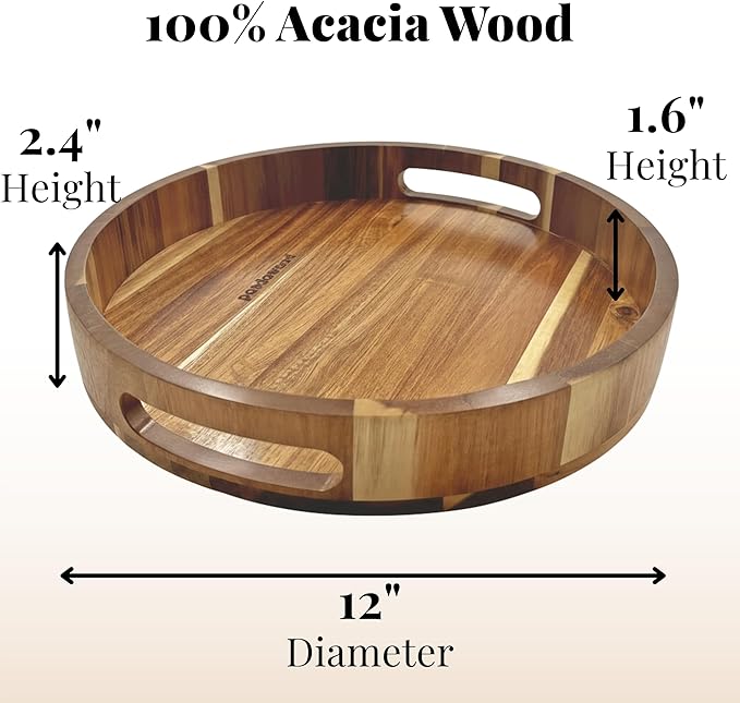Acacia Wood Lazy Susan - 12 Inch Wooden Turntable Organizer for Kitchen Counter, Dining Table, Countertop - Rotating Serving Tray with Raised Edges - Natural Wood Finish