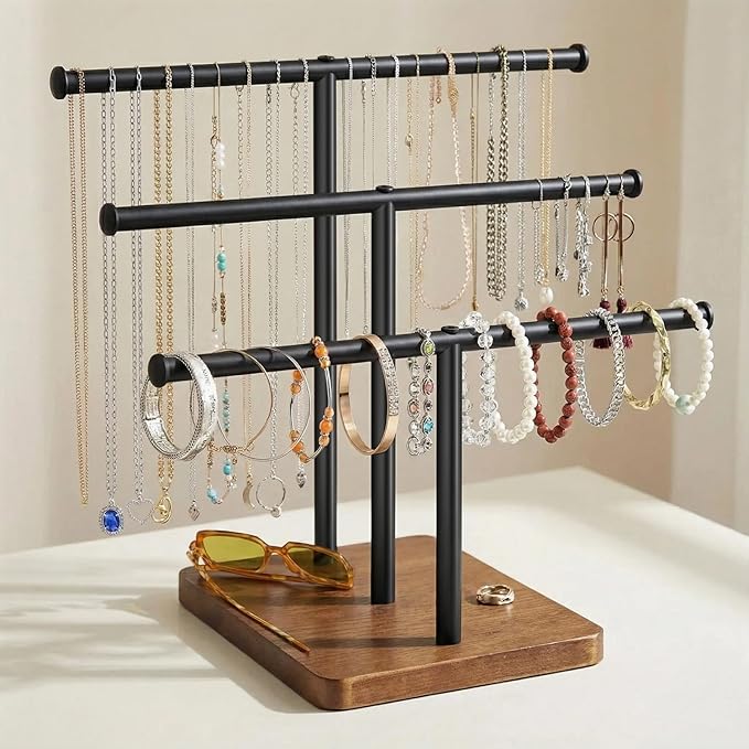 3 Tier Jewelry Holder Organizer, Bracelet Holder Display, Detachable T Bar Wood Jewelry Organizer, Jewelry Display Stand, Necklace Bracelet Holder for Earring, Watches, Rings, 2025 New - Brown