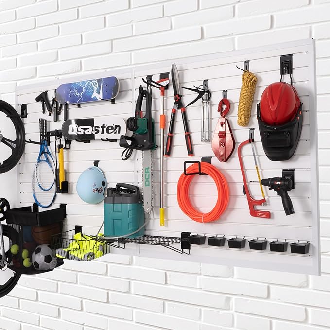 Slatwall Panels Garage Slat Wall Storage Systems 4'x 8', Slat Wall Paneling Garage Wall Organizer, White Slat Board PVC Wall Panels Slatwall Displays Garage Tool Organizer Wall Mount Ladder Bike Rack