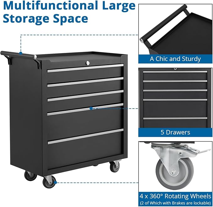 5-Drawer Rolling Tool Chest with Wheels and Locking System, Portable Tool Cabinet for Garage, Workshop, Mechanic, Heavy Duty Tool Box with Drawers, Detachable Storage for Home and Shop, Black