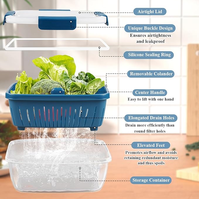 68oz Berry Keeper Fruit Storage Container for Fridge, Fresh Food Produce Saver Containers with Removable Drain Colanders, Vegetable Lettuce Keeper Bowl, Refrigerator Organizer, PRESS TO OPEN CLOSE LID