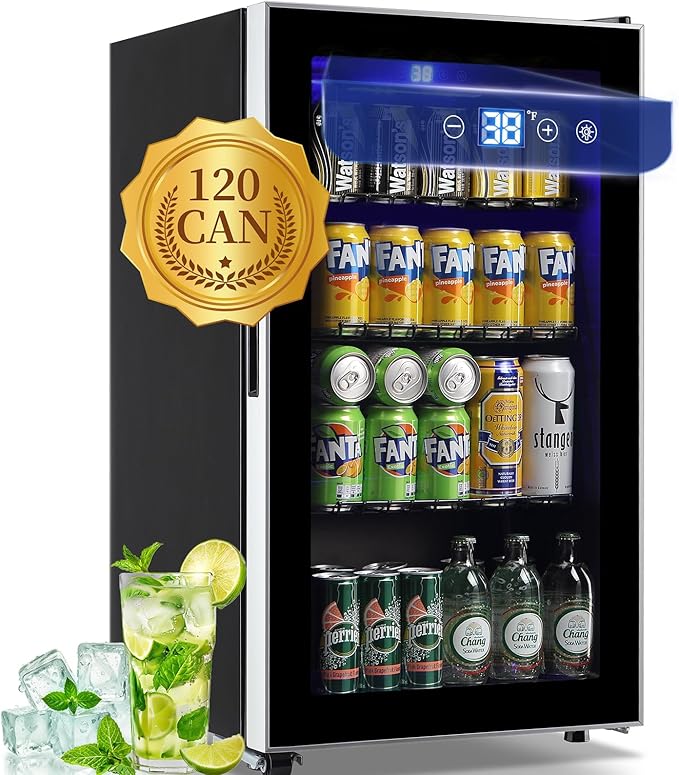 WANAI Mini Fridge Cooler 120 Can Beverage Refrigerator with LED Display with Touch Screen, Adjustable Shelves, Small Beverage Fridge with Glass Door for Beer Soda Wine for Home, Office, Bar, 3.5 Cu.Ft