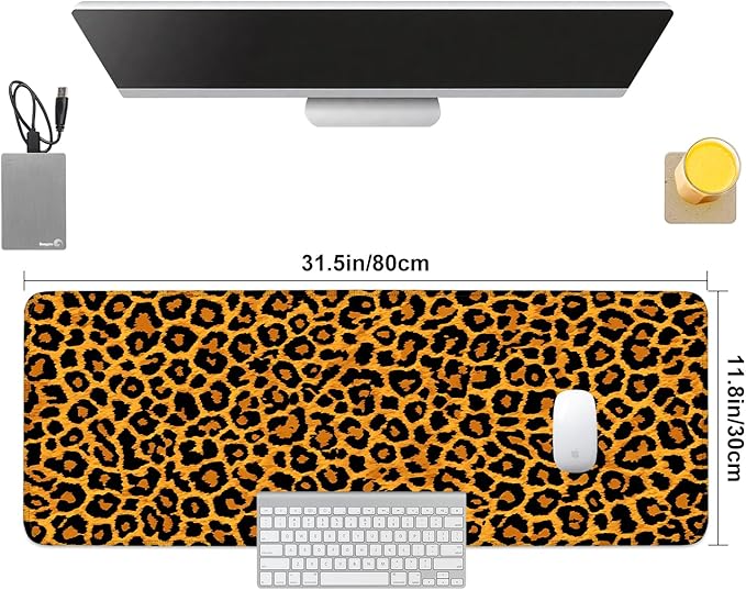 Leopard Print Mouse Pad – Large Extended Desk Mat 31.5 x 11.8 in– Bold Cheetah Animal Pattern, Non-Slip Rubber Base, Waterproof Surface, Fashionable Keyboard & Mouse Pad for Office, Home, or Gaming