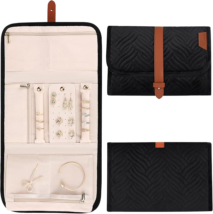 Voova Travel Jewelry Holder Organizer Case, Large Jewelry Storage Bag for Women Girls, Foldable Traveling Jewellery Pouch Roll for Necklaces Rings Earrings Bracelets, Black
