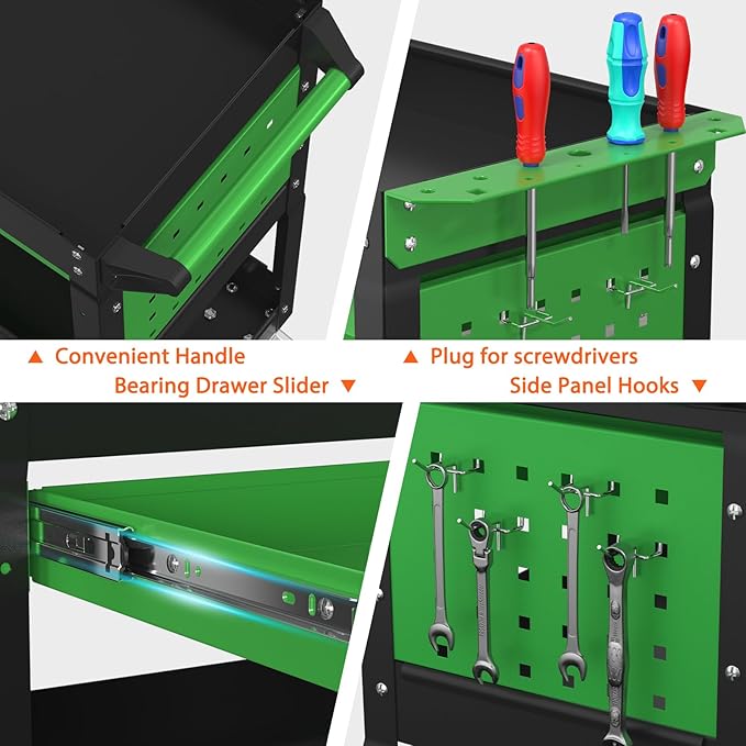 3 Tier Rolling Tool Cart On Wheels, Heavy Duty Utility Cart with Drawers, Large Storage Capability Service Cart for Garage, Warehouse and Tool Room(Black&Green)