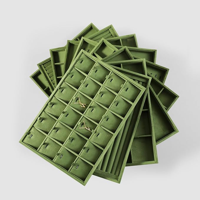 Velvet Jewelry Display Tray For Bracelet Pendant Necklace, Multi-Slot Stackable Storage Tray For Long Chain Jewelries, Drawer Insert Jewelry Organizer (Olive Green)