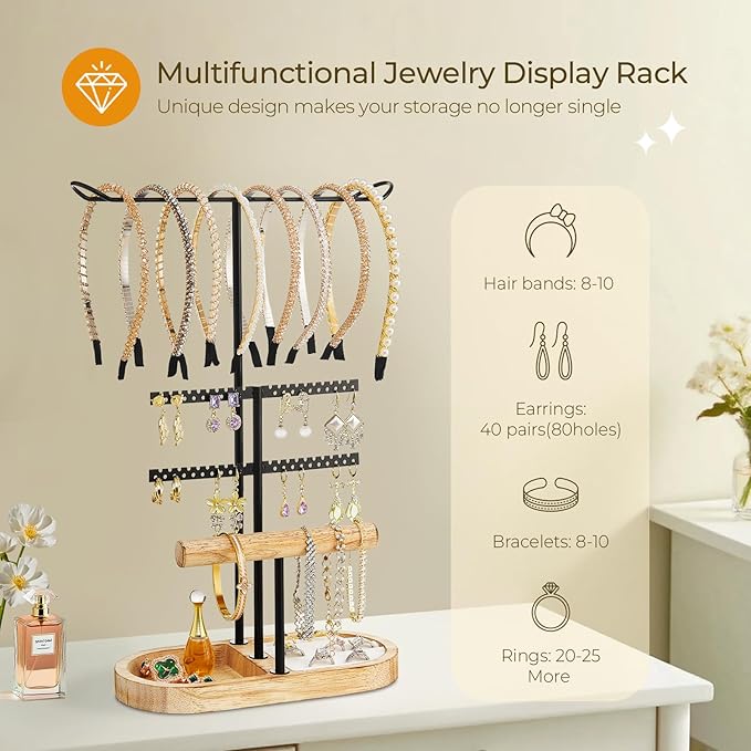 3 Tiers Jewelry Organizer, Earring Holder Organizer with 80 Holes, T-Bar Beige Velvet Bracelet Holder for HeadBands, Earrings, Bracelets, Rings Jewelry Holder Organizer (Rustic Brown)