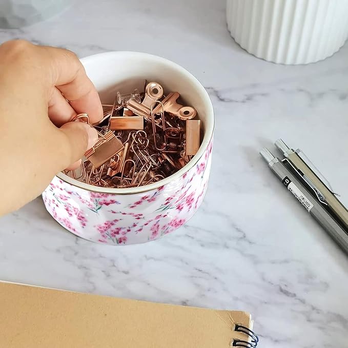 Paper Clip Holder Ceramic Paper Clip Holders Floral Paperclips Holder Dispenser Cute Gold Line Paper Clip Organizer for Desk Binder Clip Holder Bobby Pin Hair Clip Holder Gift for Office Pink Flowers