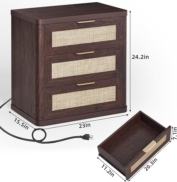 LEYAOYAO Rattan Night Stand Set of 2 with Charger Station, 23" Large 3 Drawer Boho Nightstand, Walnut Bedside Table Storage Cabinet, Bed Side End Tables for Bedroom, Living Room, Hallway