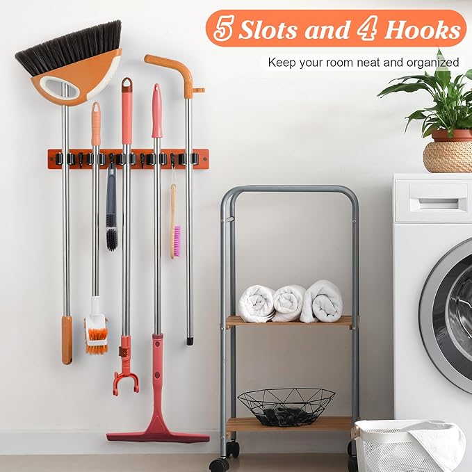 Brown Broom Holder Wall Mount - Heavy Duty Wood Mop and Broom Organizer with 5 Slots & 4 Hooks - Tool Hanger for Laundry Room Closet Kitchen Garage Storage and Organization - for Rusic farmhouse Decor