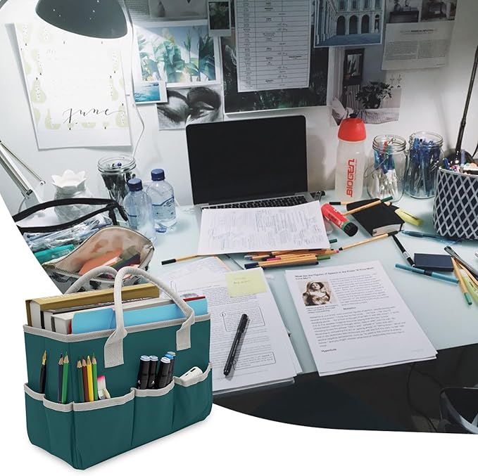 Cupohus Art Organizer Craft Storage Tote Bag with Pockets and Hadles, Oxford Fabric Carrying Caddy for Teacher, Officer, Artist, Traveler, and more – Dark Green
