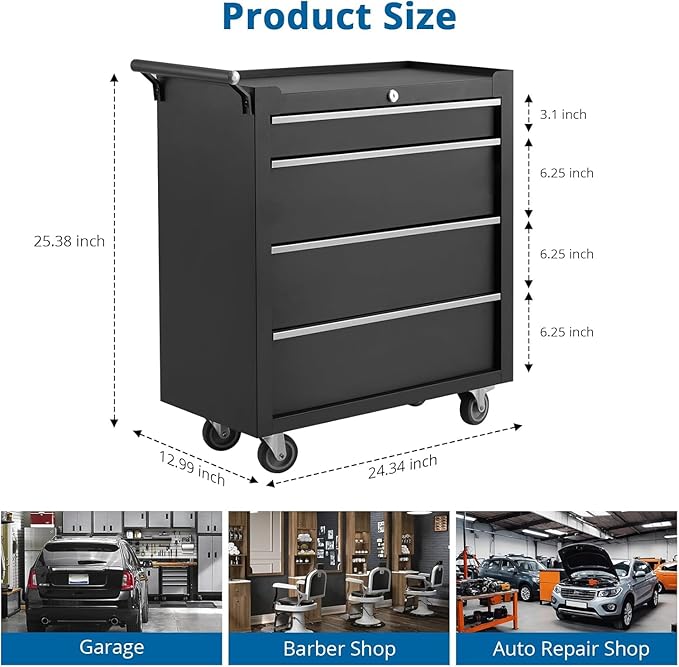 IDEALHOUSE Rolling Tool Chest, 4 Drawers Tool Storage Cabinet, Toolbox with Wheels, Portable Tool Cabinet Organizer with Locking System & Drawer Liners, Tool Storage Cart for Garage, Workshop, Black