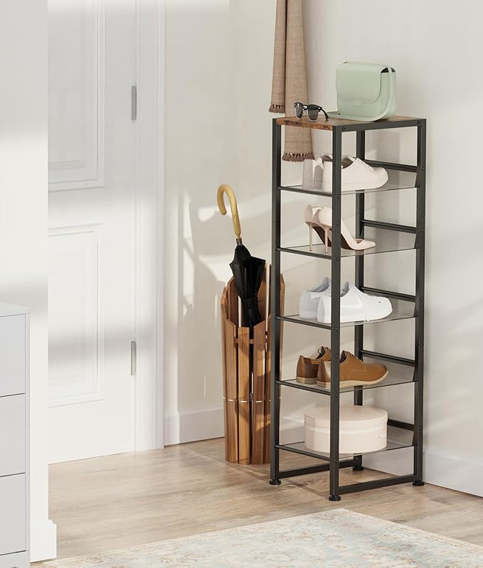 6 Tiers Vertical Shoe Rack, Corner Shoe Storage Organizer, Narrow Shoe Tower for 6 Pairs, Space Saving Sturdy Metal Shoe Shelf, Adjustable, Freestanding, for Entryway, Hallway, Living Room, Bedroom