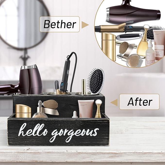 Unistyle Hair Blow Dryer/Curling Iron Holder, Countertop, Hair Tools & Styling Supplies Organizer Flat for Bathroom Counter for Accessories, Makeup, Toiletries Storage, Black