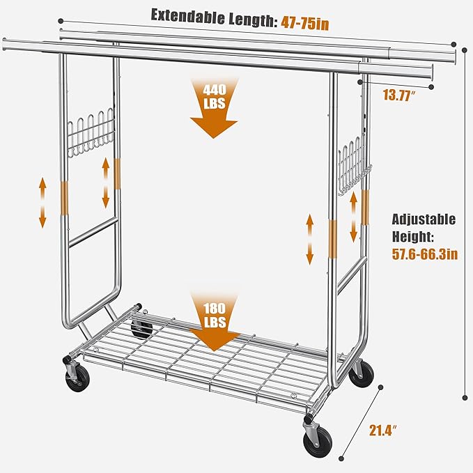 Heavy Duty Clothes Rack Load 620 Lbs, Double Rod Rolling Clothing Rack With Sturdy Wheel And Shelves，Adjustable Portable Hanging Rack For Clothes,Silver Stainless Steel