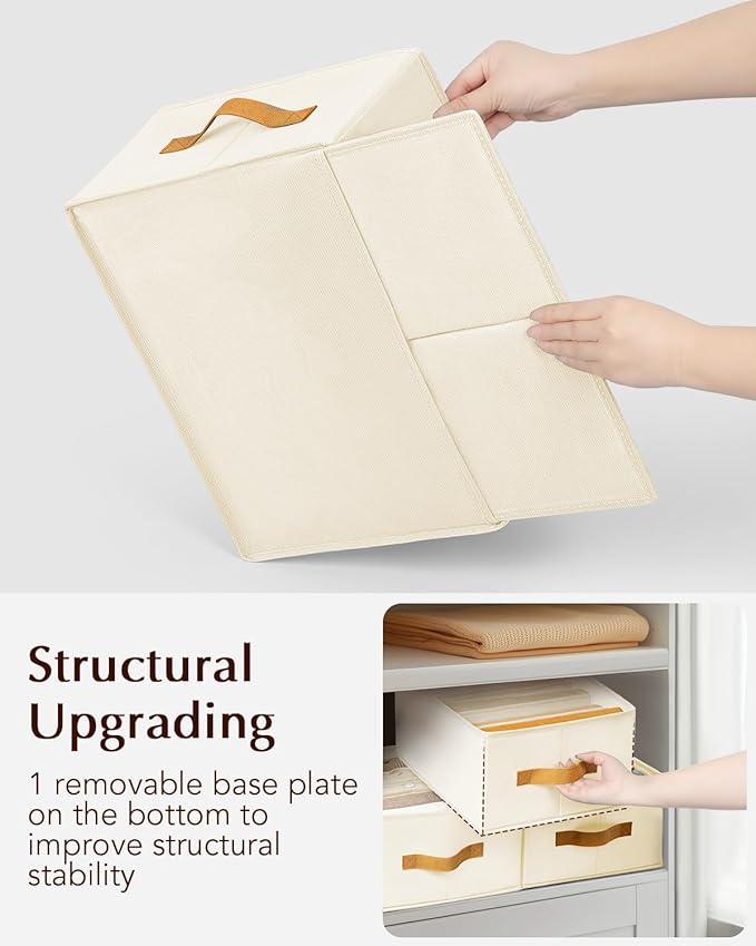 Clothes Organizers and Storage - 4/5/7 Grids Fabric Jeans Organizer with Handles, Foldable Closet Organizers Dividers, Wardrobe organizer for Pant, Sweater, T-shirt, Scarf, 3 Pack, Beige
