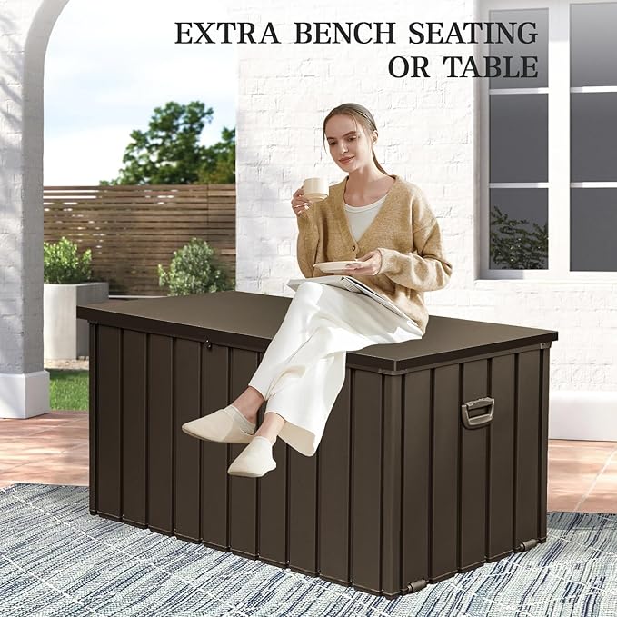 Domi 190 Gallon Metal Deck Box Waterproof, Outdoor Storage Box with Lock Wheels Side Handles, Outside Storage Box for Patio Cushions, Shoes & Pool Tools