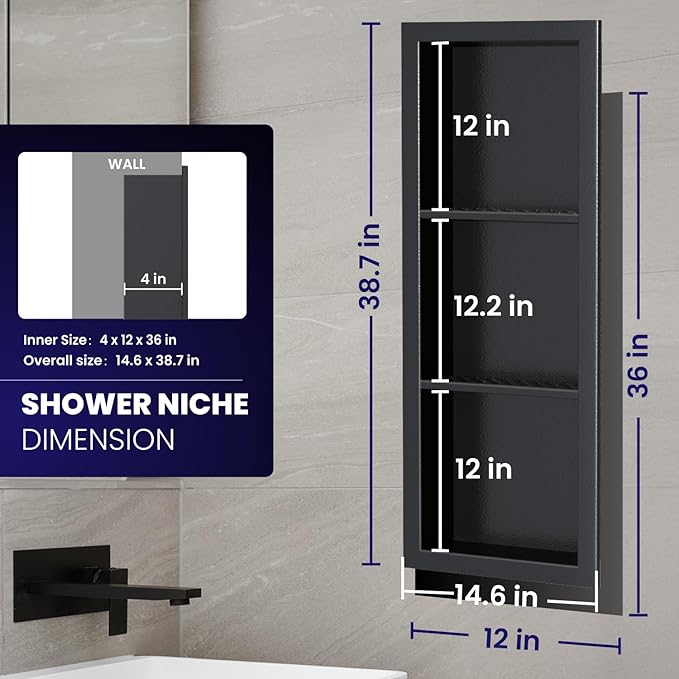 12" x 36" Stainless Steel Shower Niche, 3-Tier Waterproof Shelves, No-Tile Needed Bathroom Organizer, Rustproof Wall Shelf for Shampoo, Soap & Toiletries, Black