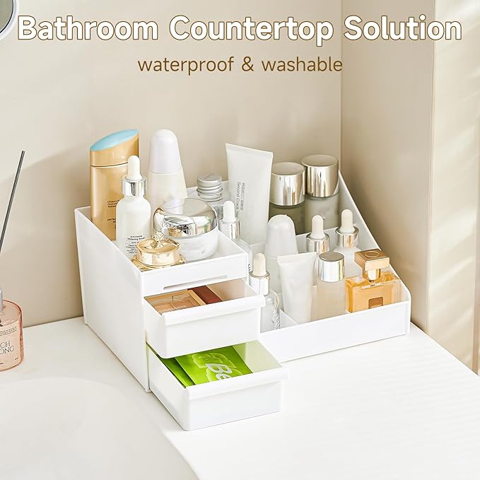 Perfume Cologne Organizer, Perfume Stand Shelf with 2 Drawers, Bathroom Counter Organizer and Storage for Skincare, Makeup, Cosmetics, White