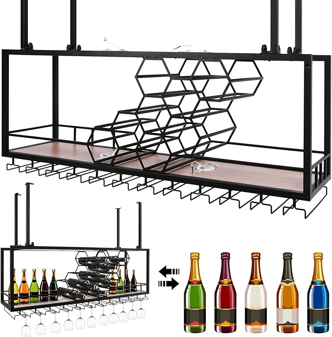 Metal Hanging Wine Rack, Metal Bar Liquor Bottle Display Shelf Wall Wine Storage Rack (120x30x40cm Black)