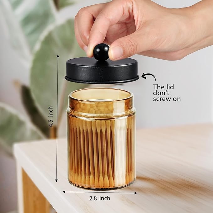 Amolliar Bronze Glass Apothecary Jar With Metal Lid & Stickers, Bathroom Qtip Dispenser Storage Canister, Perfect for Cotton Balls, Cotton Swabs, Makeup Pads, Bath Salt, Floss, 2 Pack (Black)