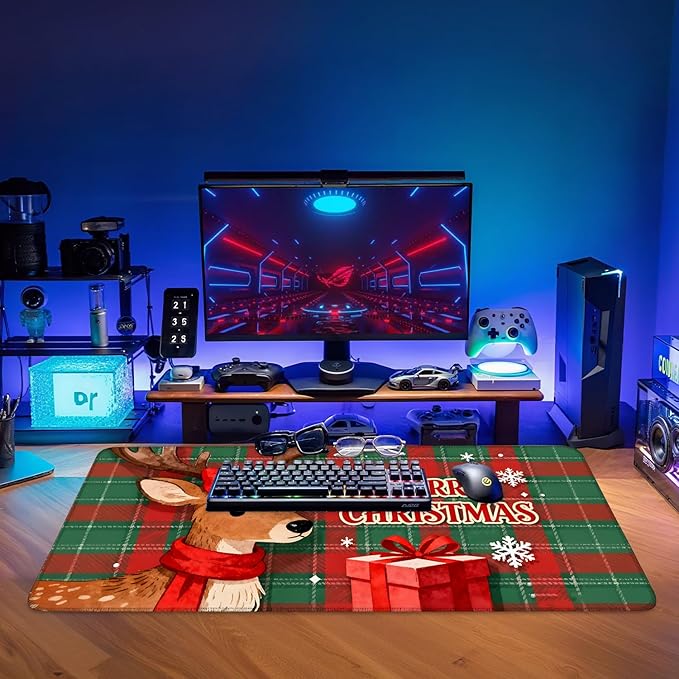 Merry Christmas-Elk Gaming Mouse Pad 35.4"x15.7"Desk Mat Anti-Slip Rubber Base & Durable Stitched Edges for Gamers Smooth Mouse Writing Surface for Desk Office/Home