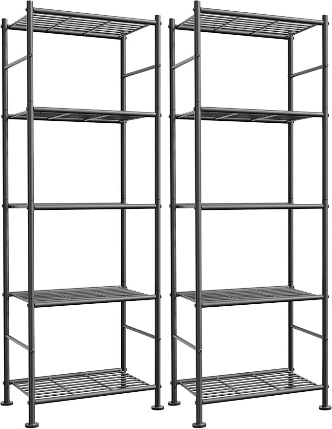 Storage Shelves - Set of 2, 5-Tier Metal Shelf Organizer, Space-Saving Garage Shelving with Leveling Feet, Standing Shelves Organizer for Kitchen, Laundry, Pantry (18.4" x 12.6" x 57.4", Black)