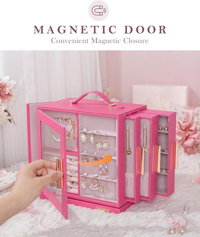Homde Christmas Gifts Jewelry Box 360° Rotating, Necklace Earring Organizer with Transparent Window, Mirror, 7 Drawers, Large Ring Display Storage Case for Girls Women (Pink)