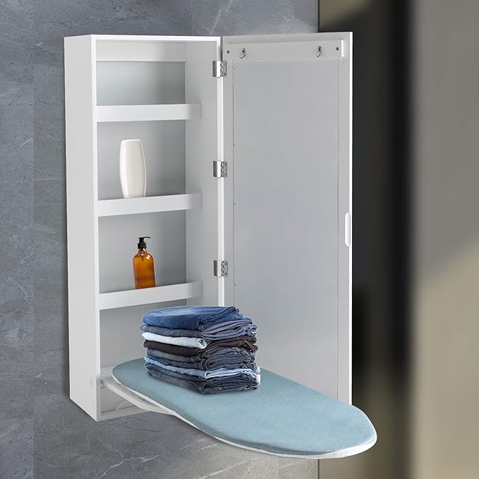 Wall Mounted Ironing Board Cabinet with Storage and Miror Door, 180° Swivel Ironing Boards with Garment Hooks, Foldable Ironing Storage Station for Home, Laundry Room, White
