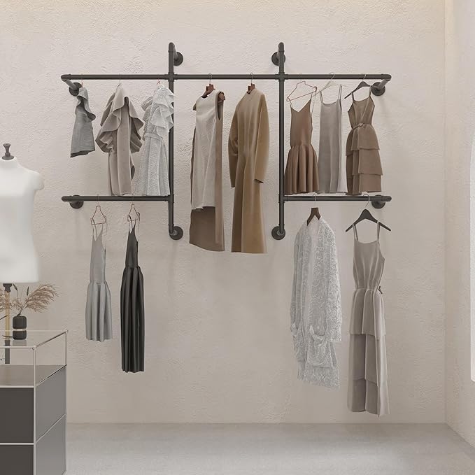 Industrial Pipe Clothing Racks with 5 Hanging Rods, Industrial Clothes Racks Wall Mounted, Heavy Duty Black Pipe Clothing Rack, Metal Closet Rods for Hanging Clothes