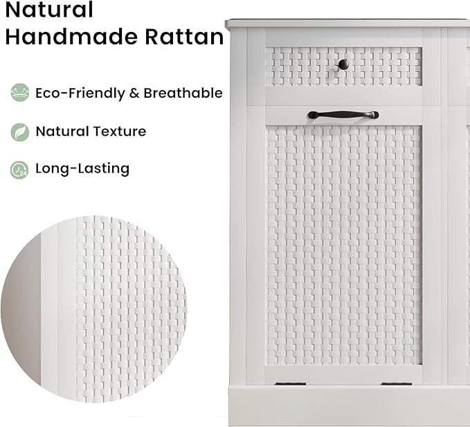 Double Tilt Out Laundry Hamper Cabinet,10 Gallon Laundry Cabinet with Drawers ＆ 2 Hidden Baskets, Farmhouse Storage Basket for Laundry Room, Bathroom, Kitchen, Wood, White