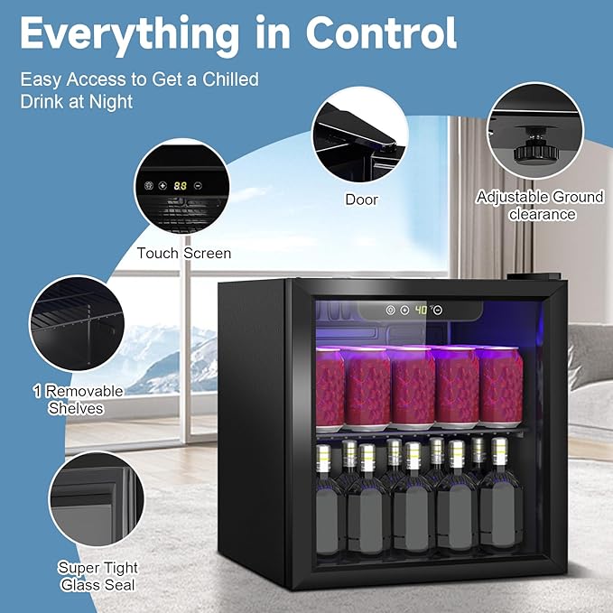 Beverage Refrigerator Cooler, 60 Can Mini Fridge Glass Door for Drinks Soda, Beer, or Wine - Small Refrigerator for Office Bedroom Home Bar, Adjustable Shelves, 1.3 Cu.Ft, Black