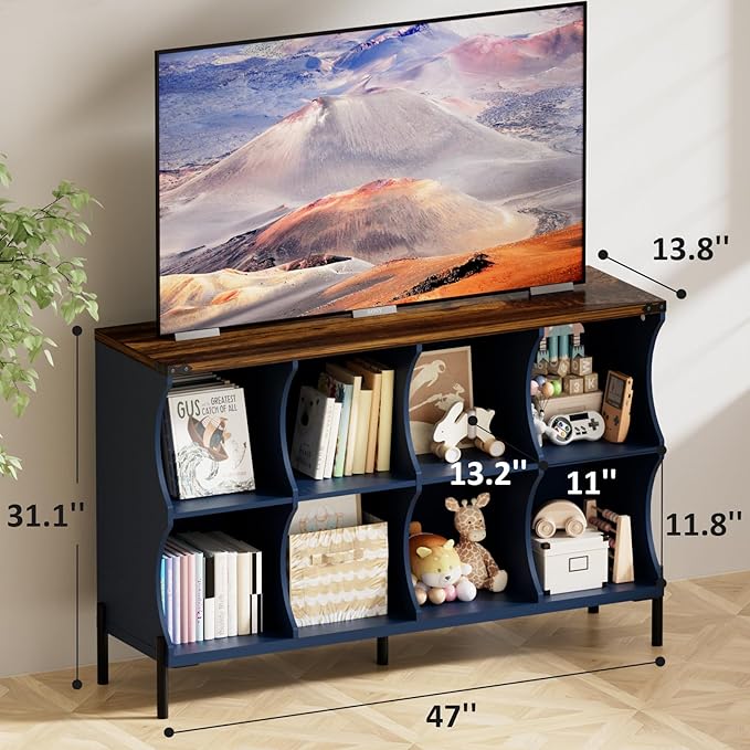 8 Cube Storage Shelf Organizer, Low Book Shelf Bookcase Entryway Table, Wood Closet Storage Display Cabinet TV Stand for Living Room, Office,Bedroom, Dorm, Blue with Natural Top