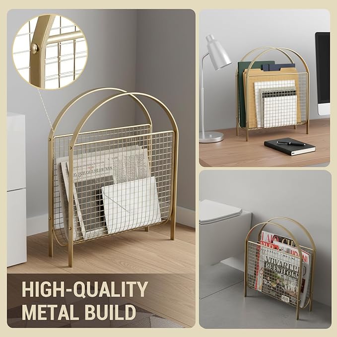 MyGift Mid-Century Design Magazine Rack, Matte Black Tone Metal Mesh Freestanding Magazine Organizer Holder Sling (Brass)