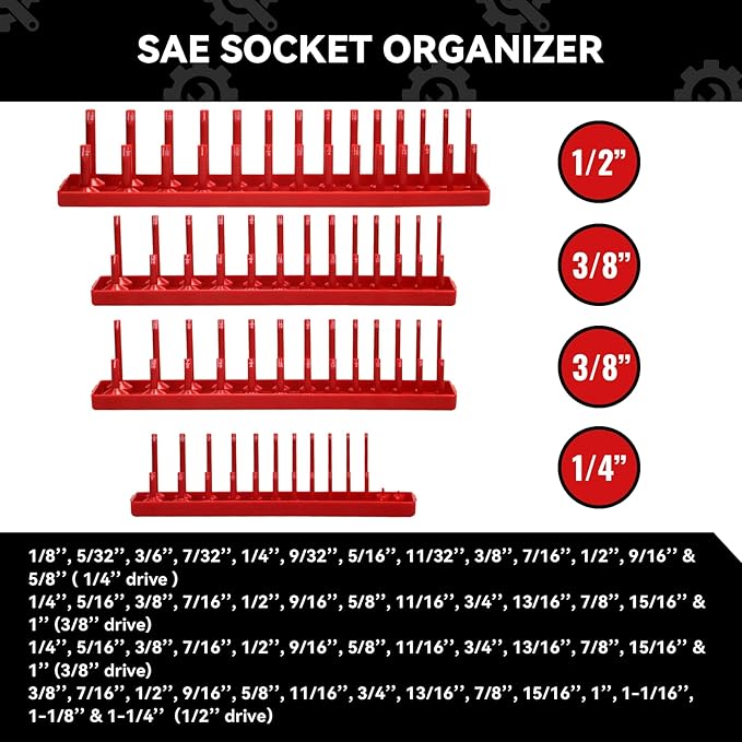 8PCS Socket Organizer Tray Set,SAE & Metric Socket Trays, 2PCS 1/4", 4PCS 3/8", 2PCS 1/2" Drive Deep and Shallow Socket Holders for Toolboxes (8pcs socket organizer）