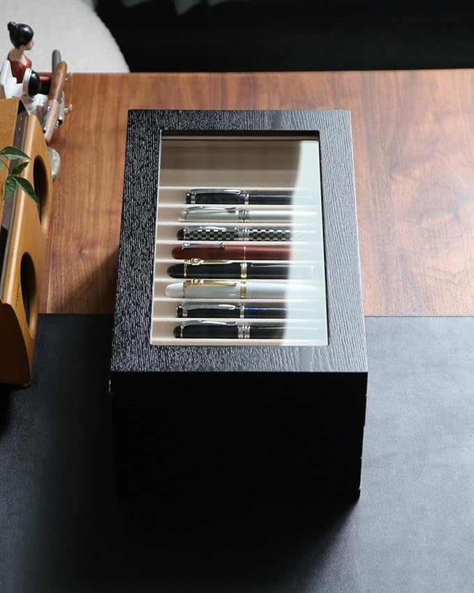 wood pen display case 36 slot Fountain pen Box storage Organizer with drawer, Top Glass Window Pen Collection Display Case