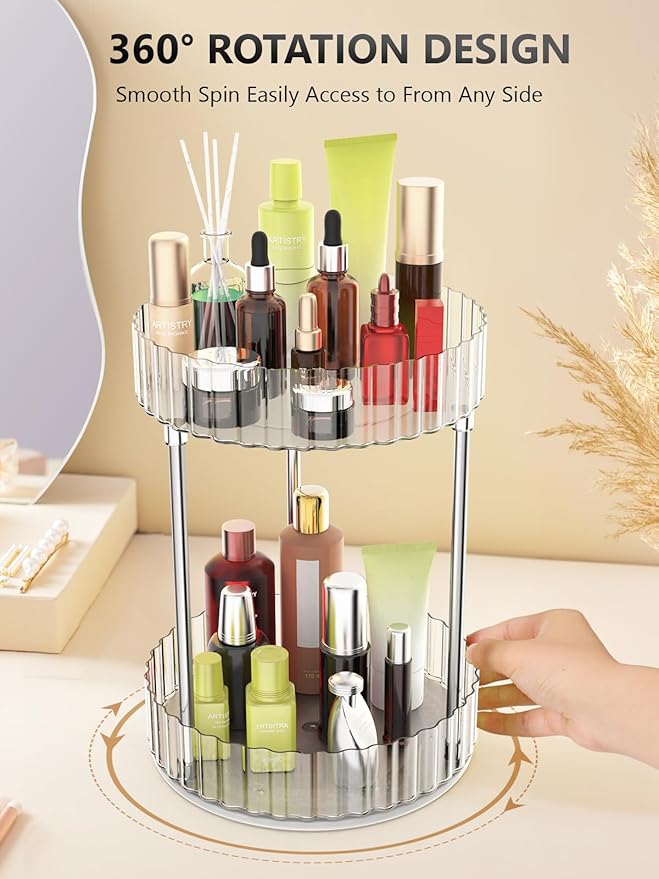 Makeup Organizer,360° Rotating Makeup Organizer, 2-Tier Round Rotating Skincare Organizer Countertop,Fits Bedroom, Bathroom, Vanity Shelf Countertop(Clear)