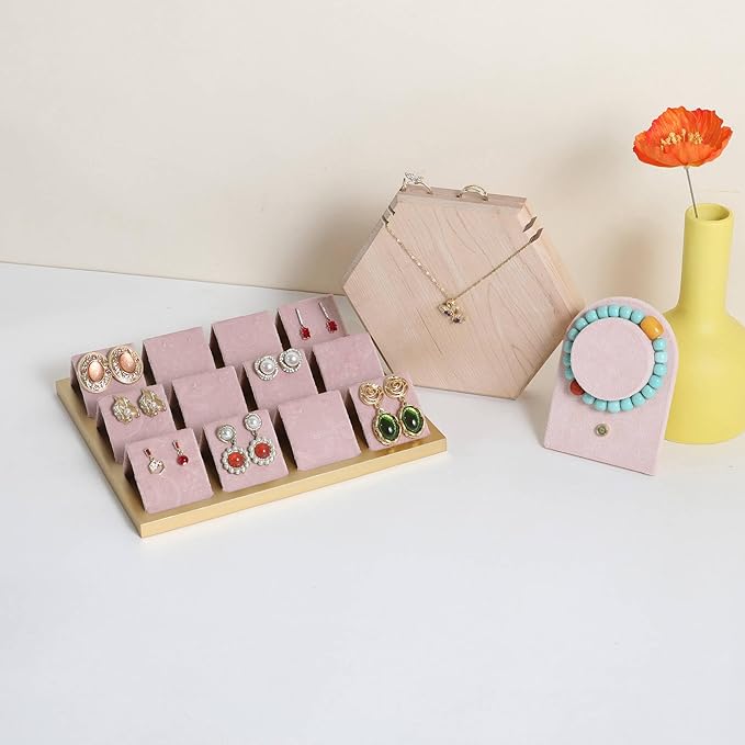 GemeShou Golden coated earring display stand for selling, velvet stud earring holder for jewelry display, Jewlery earring storage organizer tray, studs holder jewelry organizer【Earring holder-Pink】