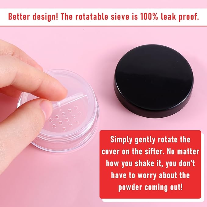 2PCS Travel Powder Container, 10ml/0.34oz Loose Powder Containers with Rotatable Sifter and Black Screw Lid Compact No Leak DIY Empty Makeup