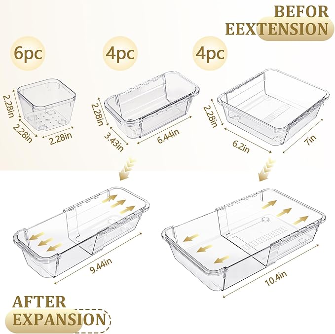 14 Pcs Adjustable Clear Drawer Organizer, Extendable Vanity Storage Bins, Desk Drawer Organizer Set for Makeup, Cosmetics, Bedroom, and Gadgets, Clear