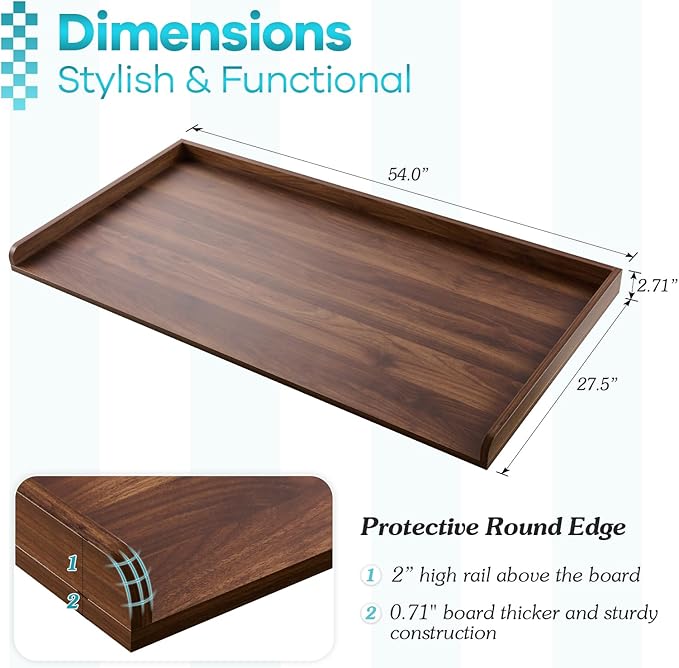 Kaboon Washer Dryer Countertop, Melamine Countertop with Edge Rails - 27.5" Depth x 54" Width Laundry Room Organization, Dark Walnut