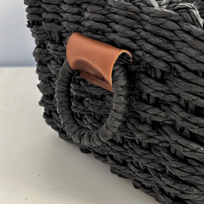 Paper rope Small Storage baskets for Organizing,Cute woven Little basket for Home，Shelves, Bathroom,Decorative basket,Set of 3 (Black)
